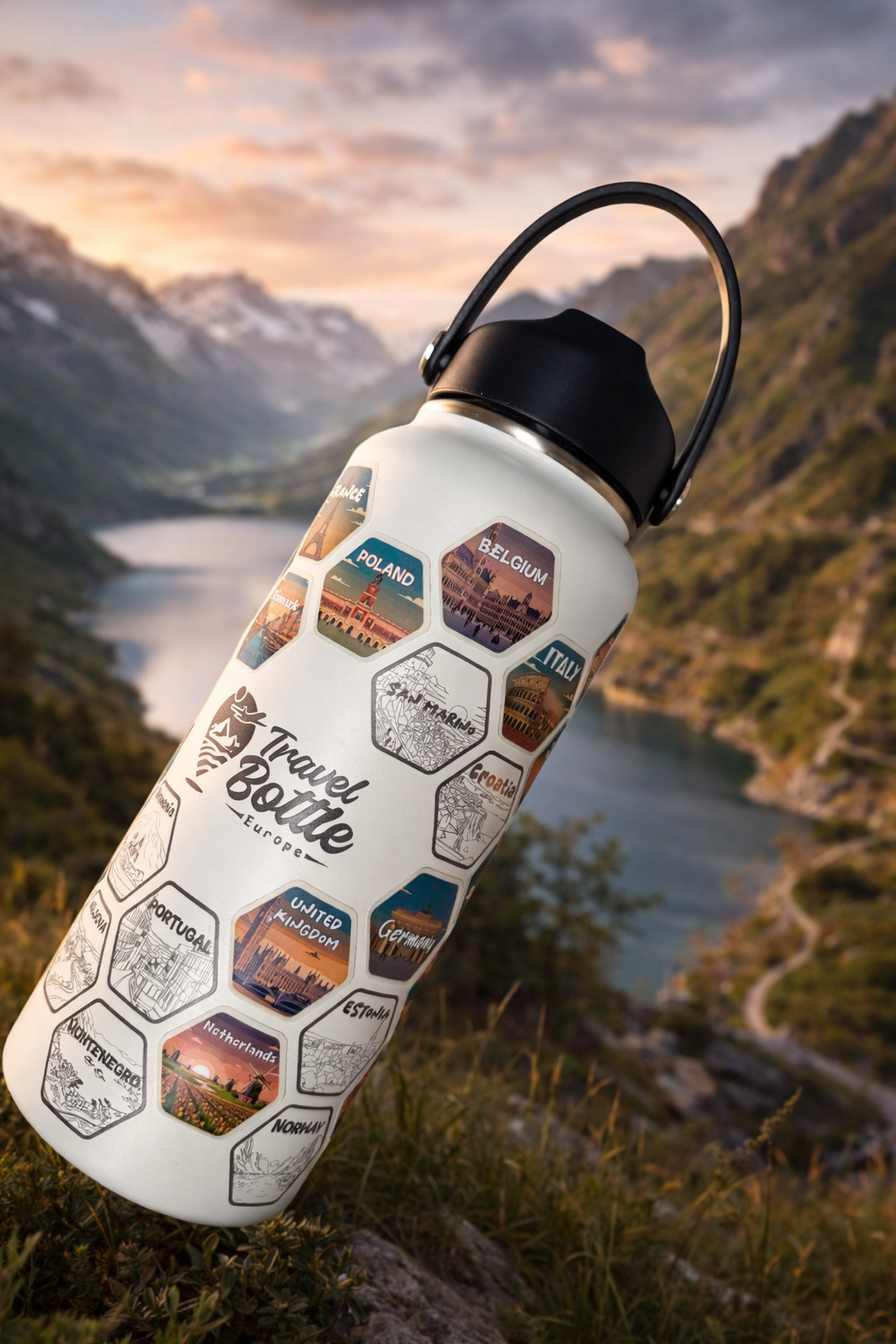 Travel bottle Europe Edition on the mountains background