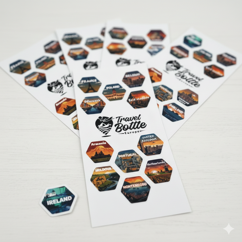 Travel Bottle hexagon travel stickers showing visited countries